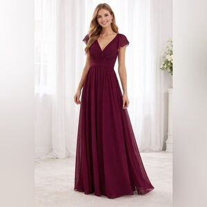 Azazie Burgundy V-neck Flutter Sleeve Pleated Bodice Bottom Slit Gown Size 12